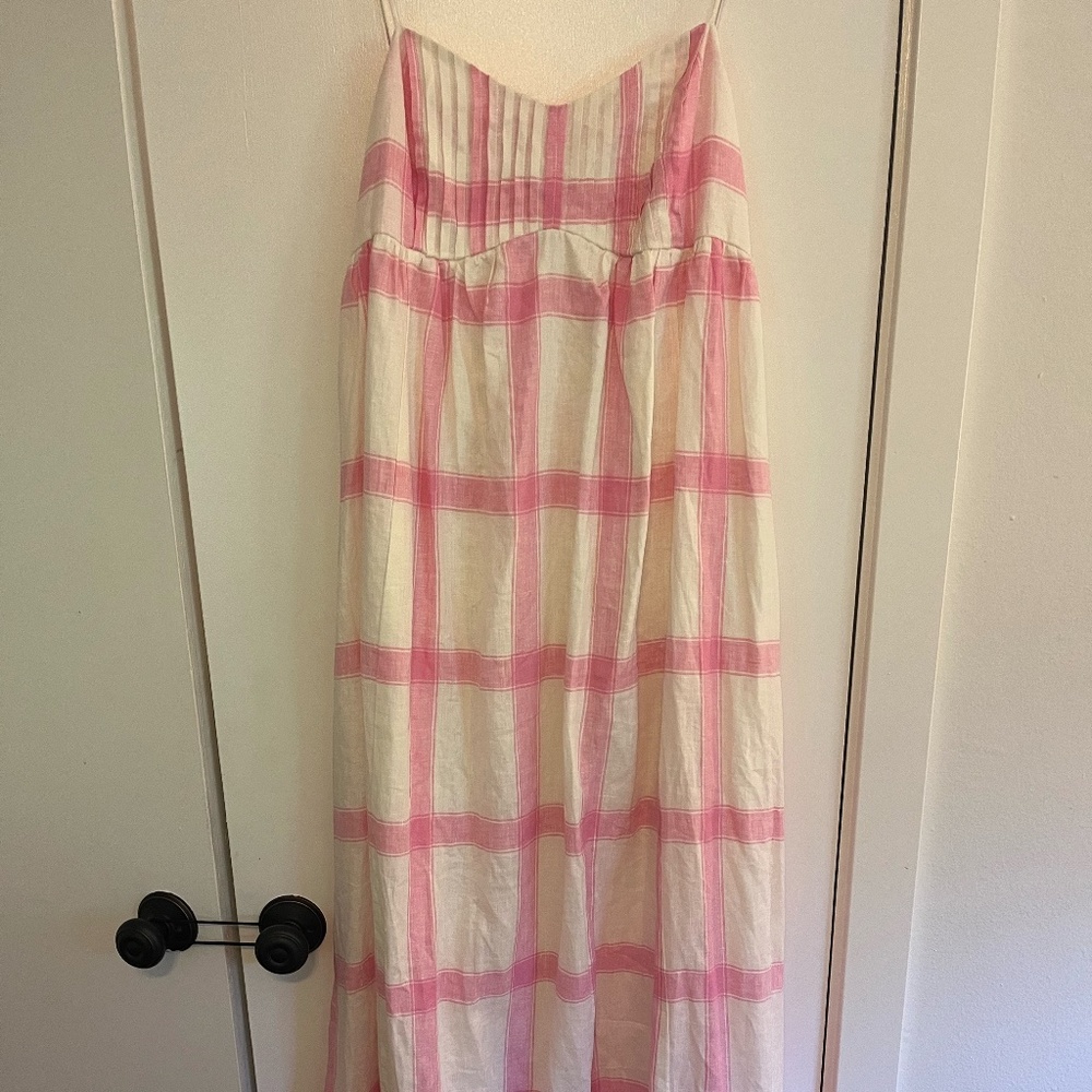 Maeve 100% Linen pink check dress size M.